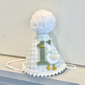 One Silly Goose Birthday Hat - Green Gingham Party Hat - Silly Goose First 1st Birthday Hat -  Goose Hat and Banner
