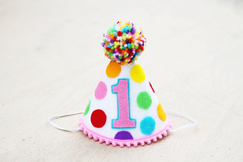 Girl First Birthday Hat Girls Rainbow 1st Birthday Hat Confetti Party Hat Ice Cream Party image 1