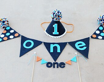 Boys First Birthday Wild One Party Hat and Banner - Woodland Birthday Hat - Navy, Aqua and Orange Party Set