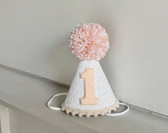 Girl First Birthday Hat - Mini White Glitter Party Hat- Girl 1st Birthday Hat - Peach Pink