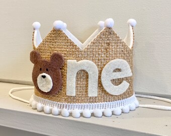 Teddy Bear First Birthday Crown- Beary 1st Birthday Party- Bear Birthday Crown- Woodland Birthday Party - Happy Camper
