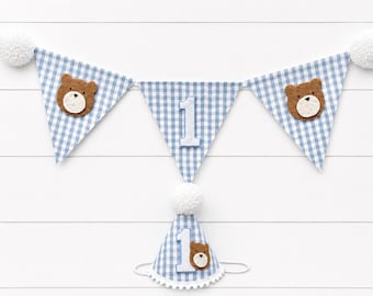 Teddy Bear First Birthday Hat- Beary 1st Birthday Party- Blue Gingham Bear Party Hat and High Chair Banner