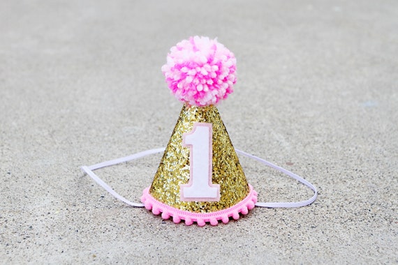 Girls First Birthday Mini Gold And Pink Glitter Party Hat Girls 1st