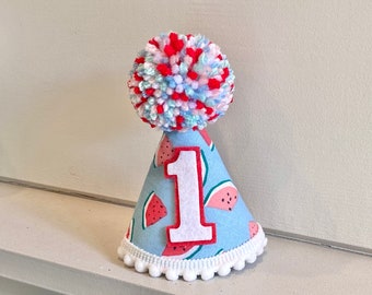 Watermelon Birthday Party Hat - One in a Melon Party- Girl Birthday Hat - Pink Gingham Party Hat - Dog Birthday Hat