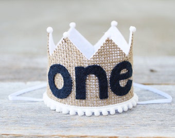 Boy 1st Birthday Crown - Boy First Birthday Crown - Woodland Birthday- Burlap and Navy - Birthday Crown