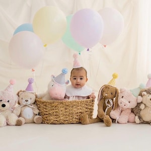 May include: A baby sits in a woven basket surrounded by plush animals including a bear, lion, unicorn, rabbit, pig, and hedgehog. Each animal and the baby wear a small, colorful party hat. Pastel balloons in pink, yellow, blue, and green float above.