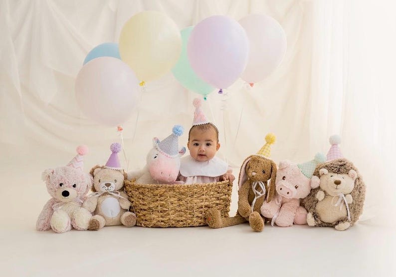 May include: A baby sits in a woven basket surrounded by plush animals including a bear, lion, unicorn, rabbit, pig, and hedgehog. Each animal and the baby wear a small, colorful party hat. Pastel balloons in pink, yellow, blue, and green float above.
