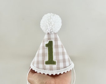 Beige Gingham Party Hat - Tan Neutral 1st Sage Green Birthday Party Hat- Fall Birthday Hat- First Birthday Hat