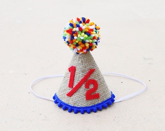 Boys 1/2 Birthday Hat- Boy 1/2 Hat- Burlap and Primary Colors Half Birthday Hat - Boy Half Birthday Cake Smash