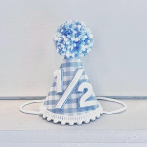 Boys Half Birthday Hat - Blue Gingham Party Hat - Boy 1/2 Birthday- Party Hat