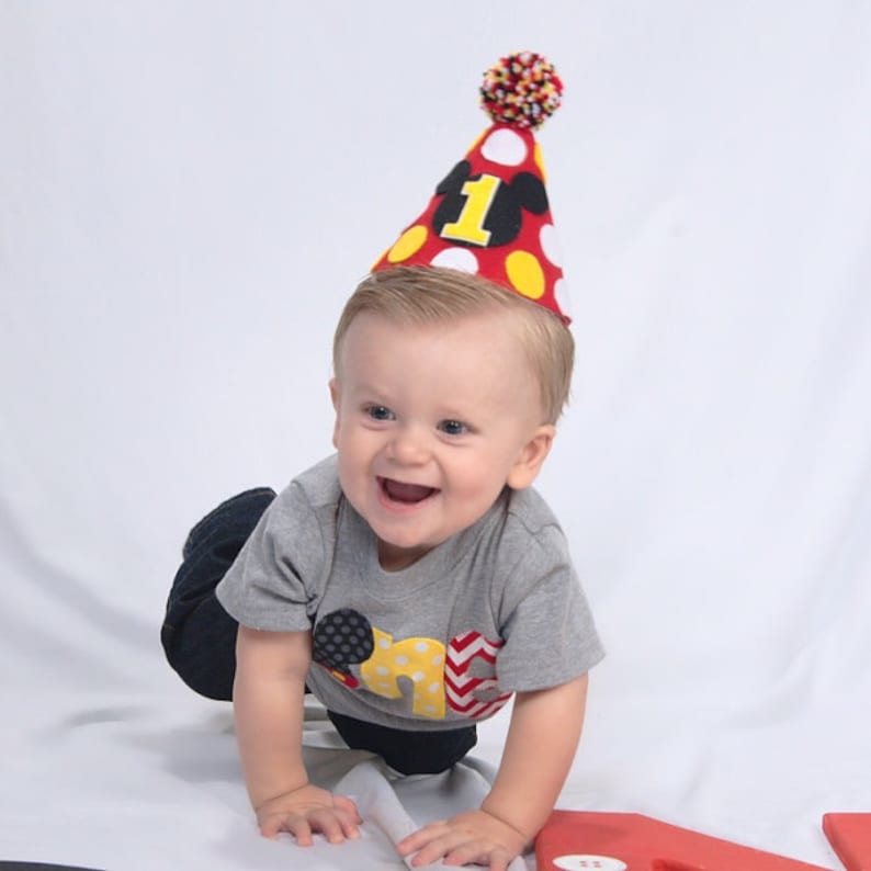 Boys Mickey 1st Birthday Hat and High Chair Banner Boys First Birthday Mickey Mouse Party Hat