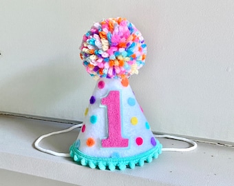 Girl First Birthday Party Hat- 1st Birthday Polkadot Hat - Animal Cookie Birthday - Donut Birthday - Ice Cream Party Hat - Confetti