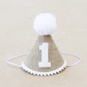 First Birthday Hat- Neutral 1st Birthday Hat- Natural Party Hat- Burlap and White Party Hat- Boho Party Hat