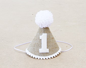First Birthday Hat- Neutral 1st Birthday Hat- Burlap and White Party Hat- Boy Girl Twins Cake Smash