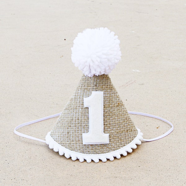 First Birthday Hat- Neutral 1st Birthday Hat- Natural Party Hat- Burlap and White Party Hat- Boho Party Hat