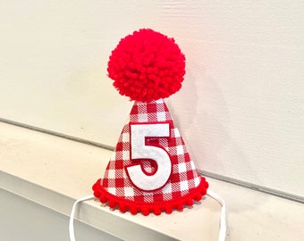 1st Birthday Red Gingham Party Hat - Picnic Birthday Hat- Farm First Birthday - Pizza Birthday- Strawberry Birthday - Dog Birthday Hat