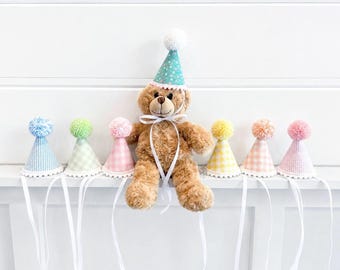 Stuffed Animal Birthday Hats- Teddy Bear Party Hats- Stuffie Hats- Doll Party Hats - Girl Pastel Party Hats