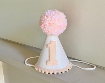Girl First Birthday Hat - Peach Party Hat- Girl 1st Birthday Mini Glitter Hat -