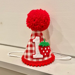 Girl 1st Birthday Strawberry Hat - Berry First Birthday Hat - Pink Gingham Strawberry Party Hat - Berry Sweet