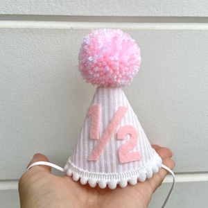 Girl 1/2 Birthday Hat - Girls Half Birthday Hat - Pink Seersucker Mini Party Hat
