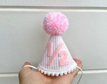 Girl 1/2 Birthday Hat - Girls Half Birthday Hat - Pink Seersucker Mini Party Hat