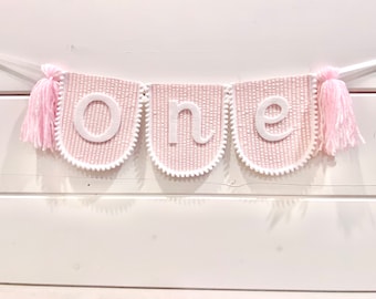 Girl High Chair Banner, Pink Seersucker Birthday Banner, First Birthday Highchair Banner