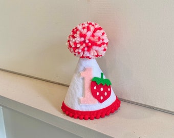 Girl 1st Birthday Strawberry Hat - Berry First Birthday Hat - Pink Gingham Strawberry Party Hat - Berry Sweet