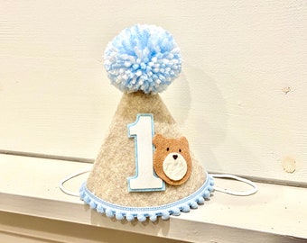 Teddy Bear First Birthday Hat- Beary 1st Birthday Party- Baby Blue Bear Party Hat- Woodland Birthday Party - Happy Camper