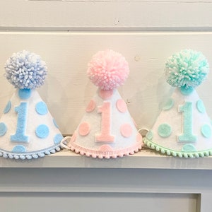 Twins 1st Birthday Party Hats- Triplets First Birthday Hats- Pastel Polkadot Birthday Hat - Pink, Mint, Blue