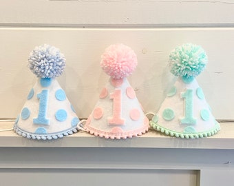 Twins 1st Birthday Party Hats- Triplets First Birthday Hats- Pastel Polkadot Birthday Hat - Pink, Mint, Blue