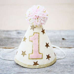 Girls 1st Birthday Twinkle Star Party Hat - Gold or Silver and Pink - Star Birthday Hat - Cake Smash