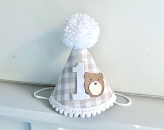 Teddy Bear First Birthday Hat- Beary 1st Birthday Party- Happy Camper Party Hat