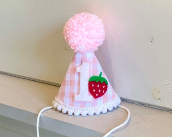 Strawberry Birthday Hat - Berry First Birthday Hat- Berry Sweet Party Hat - Gingham Birthday Hat