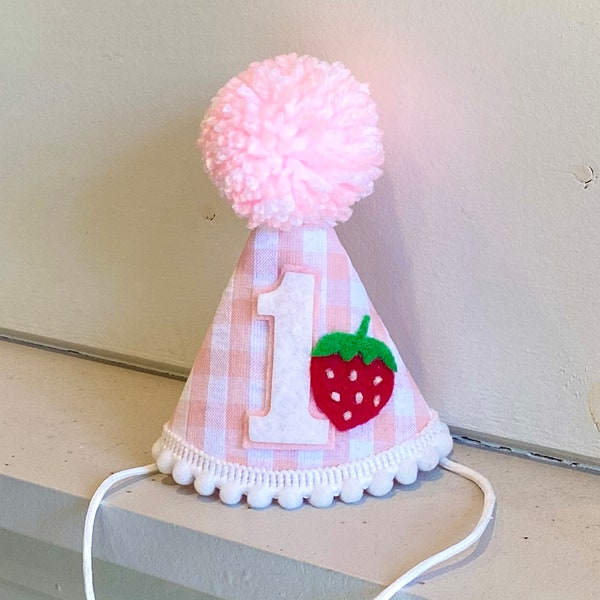 Strawberry Birthday Hat - Berry First Birthday Hat- Berry Sweet Party Hat - Gingham Birthday Hat