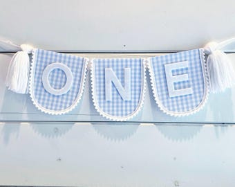 ブルーギンガムハイチェアバナー、男の子用ハイチェアバナー、男の子用1歳の誕生日バナー