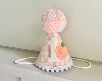 Peach Gingham Birthday Hat - One Sweet Peach Hat - Sweet as a Peach Party Hat - Girl 1st Birthday Hat