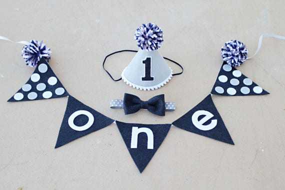 Boys First Birthday Hat Navy And Grey Party Hat And Banner