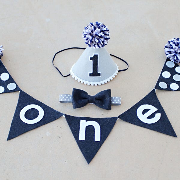 Boys First Birthday Hat - Navy and Grey Party Hat and Banner - Little Man 1st Birthday Cake Smash- Mr. Onederful