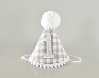 Beige Gingham Party Hat - Tan Neutral 1st Birthday Party Hat- Khaki Birthday Hat- First Birthday Hat