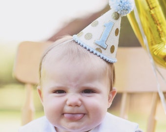 Boy First Birthday Hat - Boy 1st Birthday Light Blue and Gold - Polkadot Party Hat