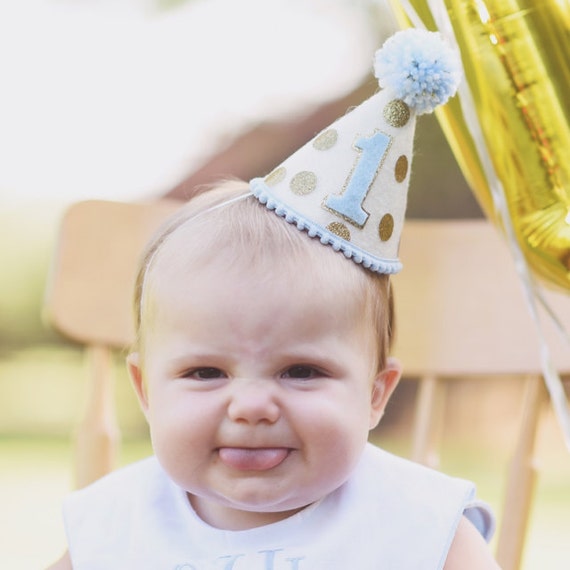 Boy First Birthday Hat - Boy 1st Birthday Light Blue and Gold