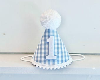 Blue Gingham Party Hat - Boy 1st Birthday Party Hat