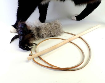 NEW COLOR Grey Rabbit Fur and Feathers Cat Toy Wand, Wooden Handle Teaser Toy, Rattle Cat Toy, Real Rabbit Fur Cat Toy