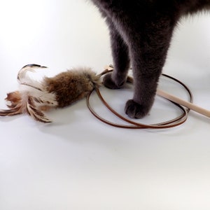 Rabbit Fur and Feathers Cat Toy Wand, Wooden Handle Teaser Toy, Rattle Cat Toy, Real Rabbit Fur Cat Toy image 2
