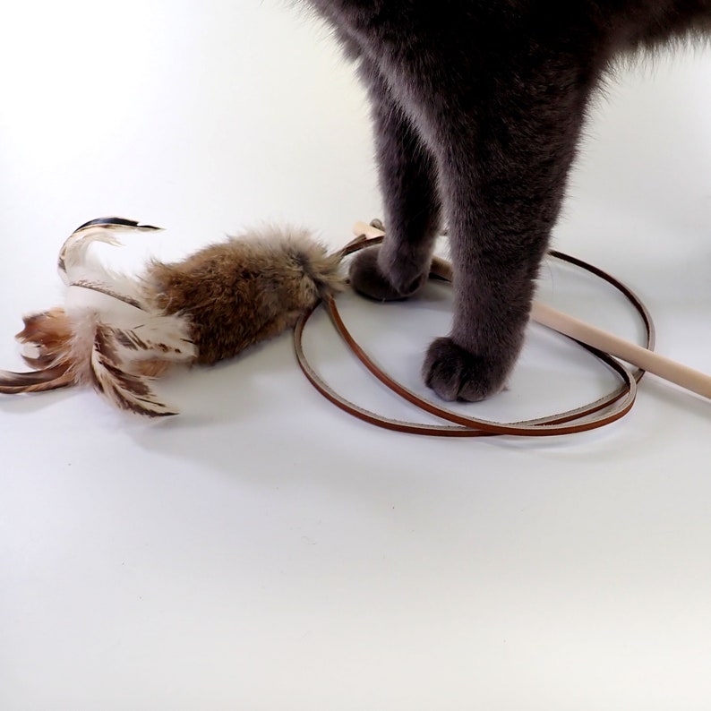 Rabbit Fur and Feathers Cat Toy Wand, Wooden Handle Teaser Toy, Rattle Cat Toy, Real Rabbit Fur Cat Toy image 2