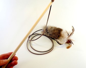 Rabbit Fur and Feather Cat Teaser Wand – Wooden Handle Interactive Toy with Optional Rattle