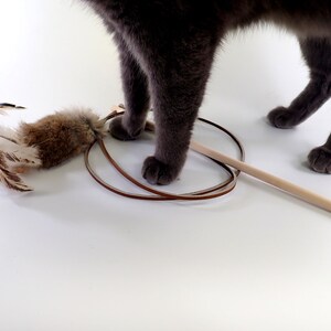 Rabbit Fur and Feathers Cat Toy Wand, Wooden Handle Teaser Toy, Rattle Cat Toy, Real Rabbit Fur Cat Toy image 5