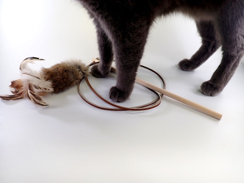 Rabbit Fur and Feathers Cat Toy Wand, Wooden Handle Teaser Toy, Rattle Cat Toy, Real Rabbit Fur Cat Toy image 5