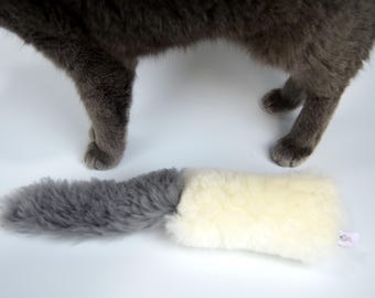 Sheepskin Catnip Kicker Cat Toy – Natural Bunny Kick Stick with Grey Tail