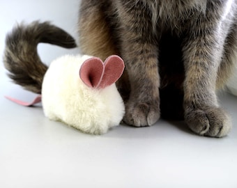 Catnip Mouse Cat Toy with Pink Ears and Tail, Rattle Cat Toy, Big Cat Toy, Wool Cat Toy, Rattle Option